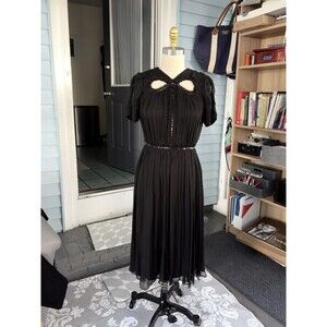 JASON WU Black Silk Pleated Midi Dress Cut Out Sequin Size 0 (see measurements)